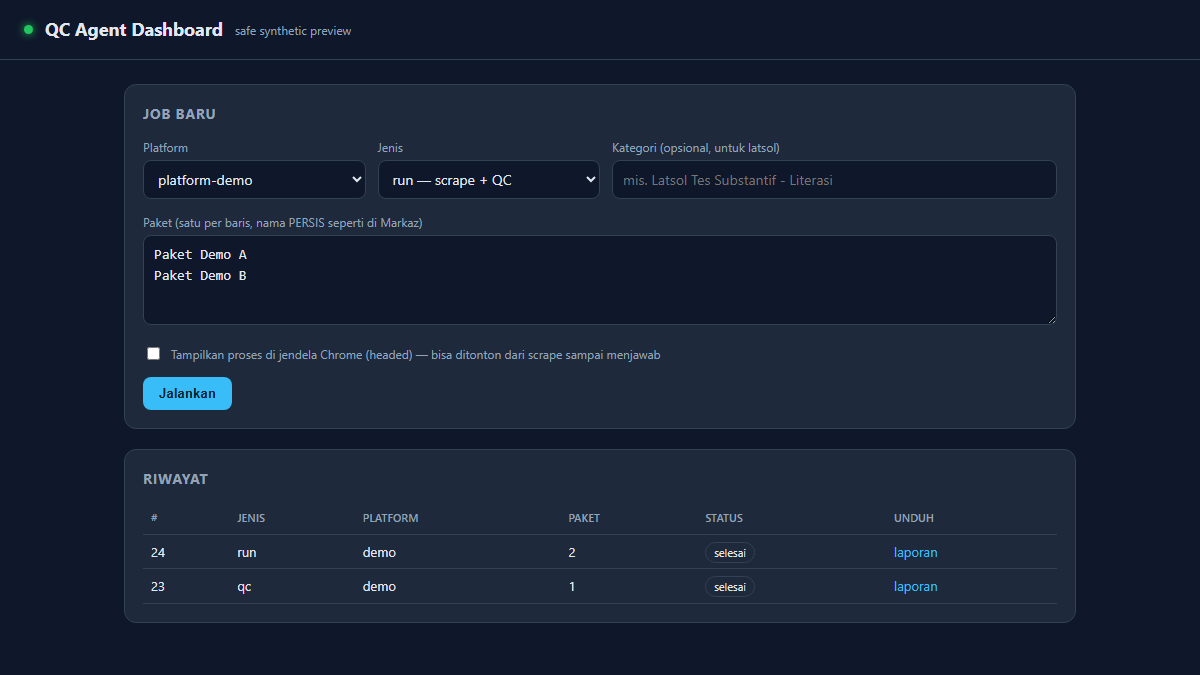 QC Agent Cerebrum dashboard using synthetic demonstration data